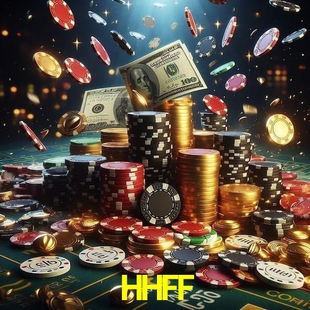 Una escena digital vívida inspirada en casino con HHFF mostrado prominentemente, luces brillantes, fichas, cartas y acentos dorados.
