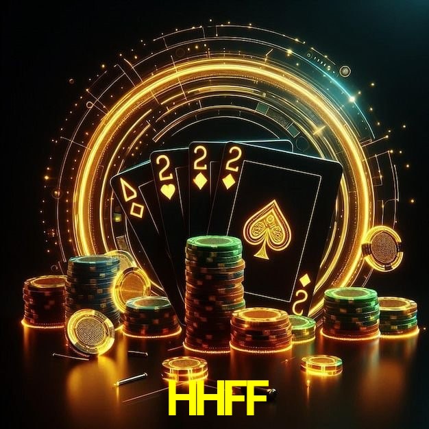 Escena dinámica inspirada en casino con iluminación HHFF, cartas, fichas e íconos de juegos digitales en un espacio moderno de juegos.